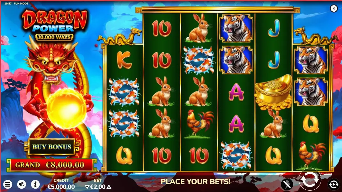 Giao diện trò chơi slot Dragon Power 10,000 Ways với chủ đề rồng Á Đông
