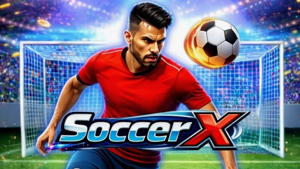 Giao diện trò chơi slot SoccerX với bối cảnh sân vận động rực lửa